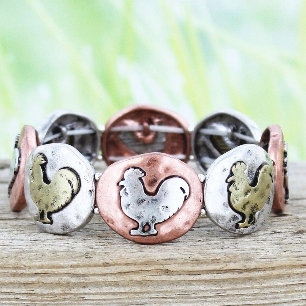 Burnished Tri-Tone Rooster Disk Stretch Bracelet